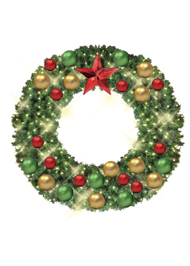 wreaths with gold, green and red decor